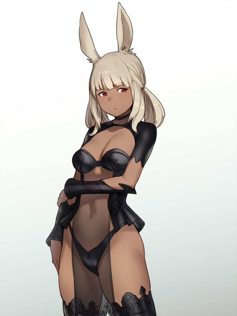 1girl :/ animal_ears arm_at_side arm_under_breasts bangs blunt_bangs breasts bunny_ears choker cowboy_shot dark_skin final_fantasy final_fantasy_xiv gradient grey_hair houtengeki looking_at_viewer medium_breasts medium_hair navel pelvic_curtain red_eyes revealing_clothes see-through simple_background solo thigh-highs twintails vambraces viera white_background