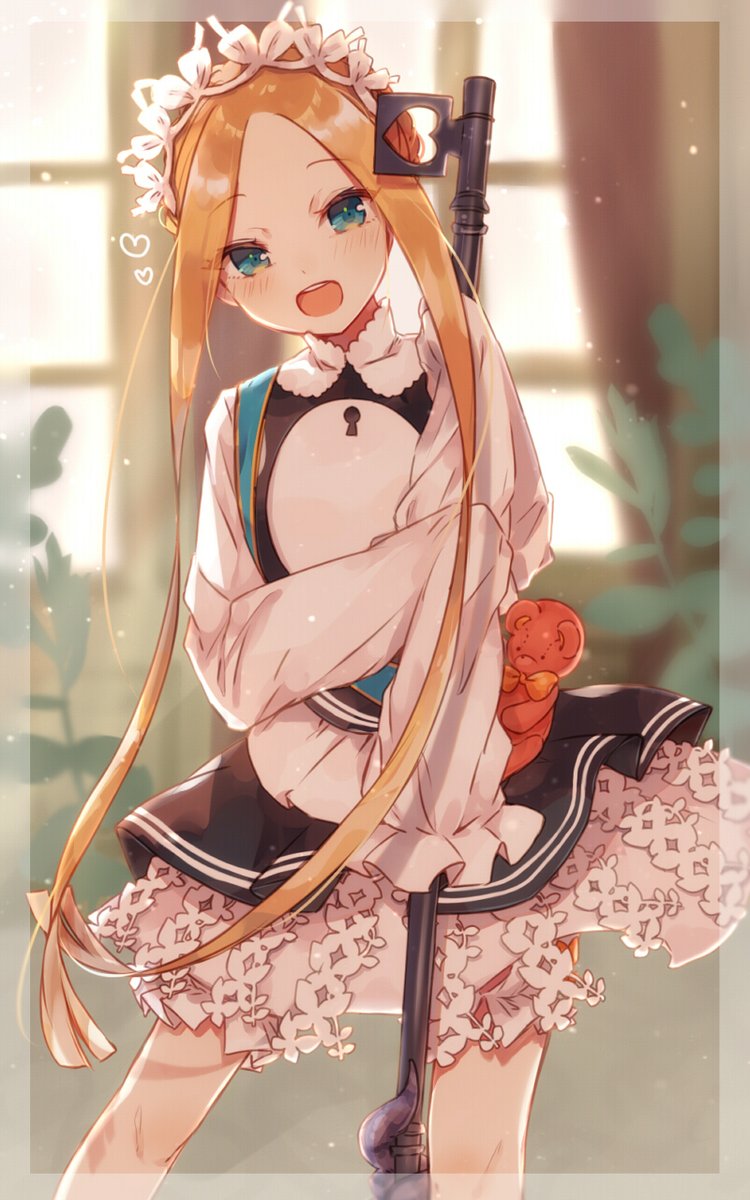 1girl abigail_williams_(fate/grand_order) apron bangs black_skirt blonde_hair blue_eyes blurry blurry_background bow butterfly_hair_ornament fate/grand_order fate_(series) hair_ornament heroic_spirit_chaldea_park_outfit highres holding key long_hair looking_at_viewer maid maid_apron maid_headdress open_mouth orange_bow parted_bangs plant riruno skirt sleeves_past_fingers sleeves_past_wrists smile stuffed_animal stuffed_toy teddy_bear white_bow