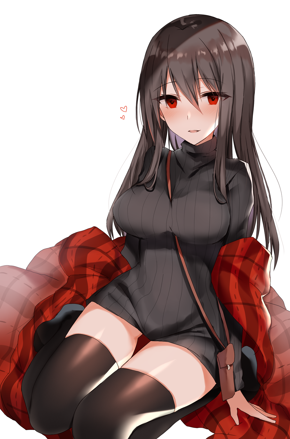 1girl bag bangs between_breasts black_legwear black_sweater blush breasts brown_hair commentary_request dress eyebrows_visible_through_hair hair_between_eyes heart highres kinona large_breasts long_hair long_sleeves looking_at_viewer original parted_lips plaid red_eyes ribbed_sweater shoulder_bag simple_background smile solo strap_between_breasts sweater sweater_dress thigh-highs white_background