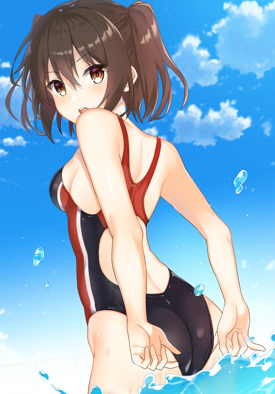 1girl adjusting_clothes adjusting_swimsuit ass black_swimsuit blue_sky brown_eyes brown_hair clouds competition_swimsuit cowboy_shot day from_behind highres kantai_collection looking_at_viewer looking_back multicolored multicolored_clothes multicolored_swimsuit one-piece_swimsuit open_mouth outdoors sendai_(kantai_collection) sky solo swimsuit two_side_up upper_teeth yuzuttan