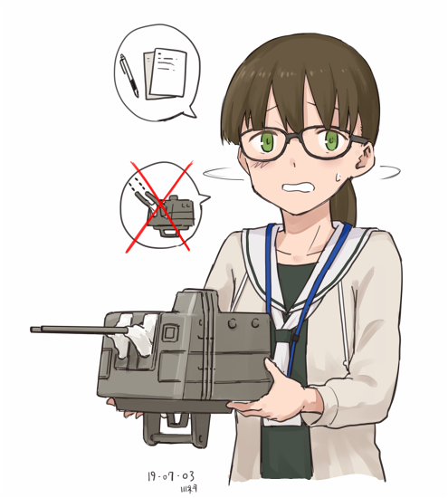 1girl bangs beige_cardigan black-framed_eyewear blush breasts brown_hair c2-chan c2_kikan cannon collarbone dated frown glasses green_eyes grey_shirt holding holding_weapon kawashina_(momen_silicon) long_hair looking_at_viewer low_ponytail neckerchief parted_lips sailor_collar shaking_head shirt signature simple_background small_breasts spoken_o sweatdrop turret upper_body weapon white_background white_neckwear