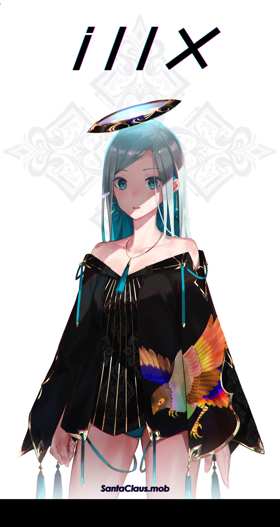 1girl animal_print bare_shoulders bird_print blue_eyes blue_hair earrings floating floating_headgear headgear highres jewelry light_blue_hair long_hair mole mole_under_mouth monq necklace original parted_lips solo white_background