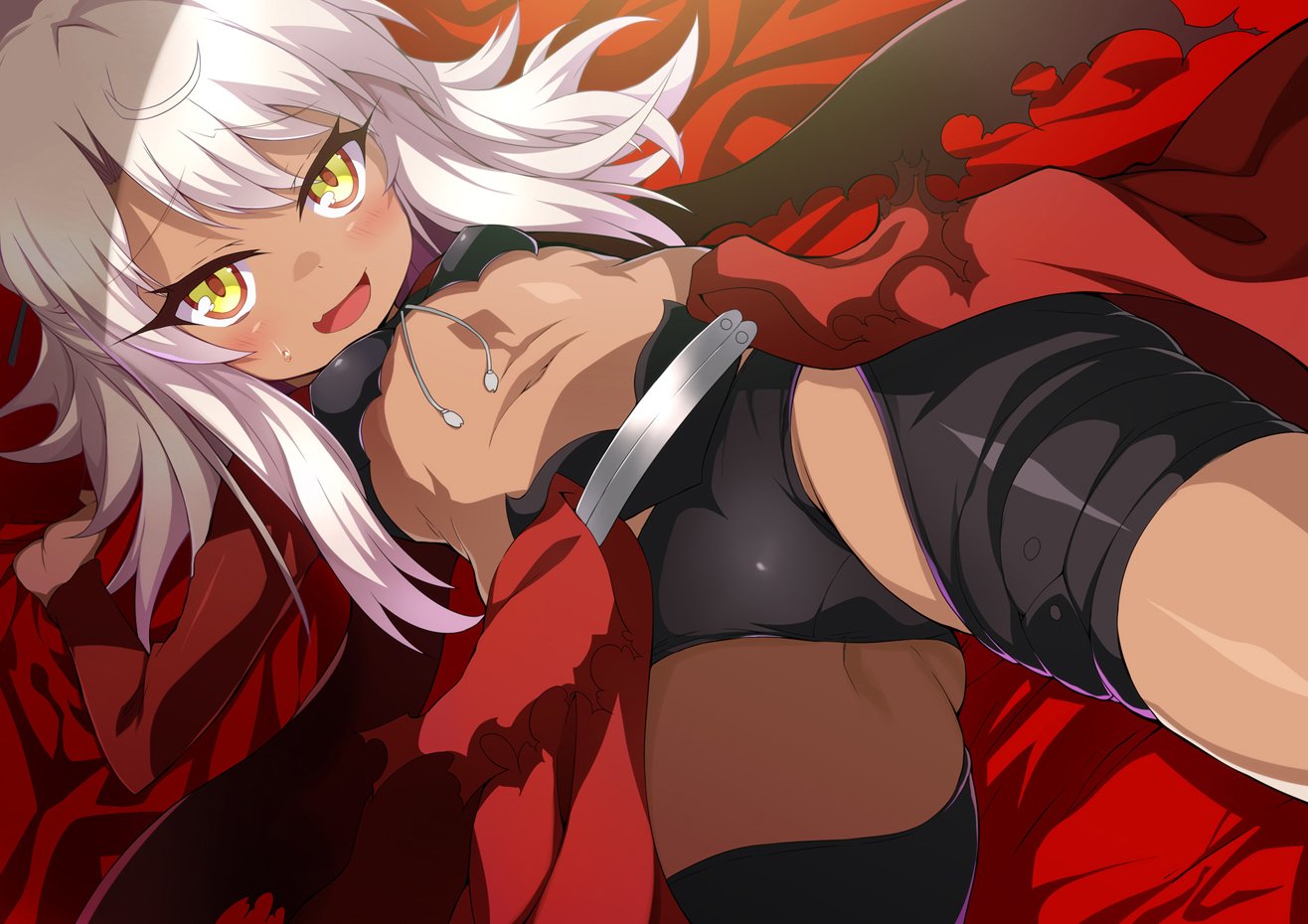 1girl bangs black_panties blush breasts chloe_von_einzbern commentary_request dark_skin fang fate/kaleid_liner_prisma_illya fate_(series) hair_between_eyes hair_ornament hairpin long_hair long_sleeves looking_at_viewer navel open_mouth panties pink_hair shimejinameko shrug_(clothing) sidelocks small_breasts smile solo tan thighs underwear waist_cape yellow_eyes