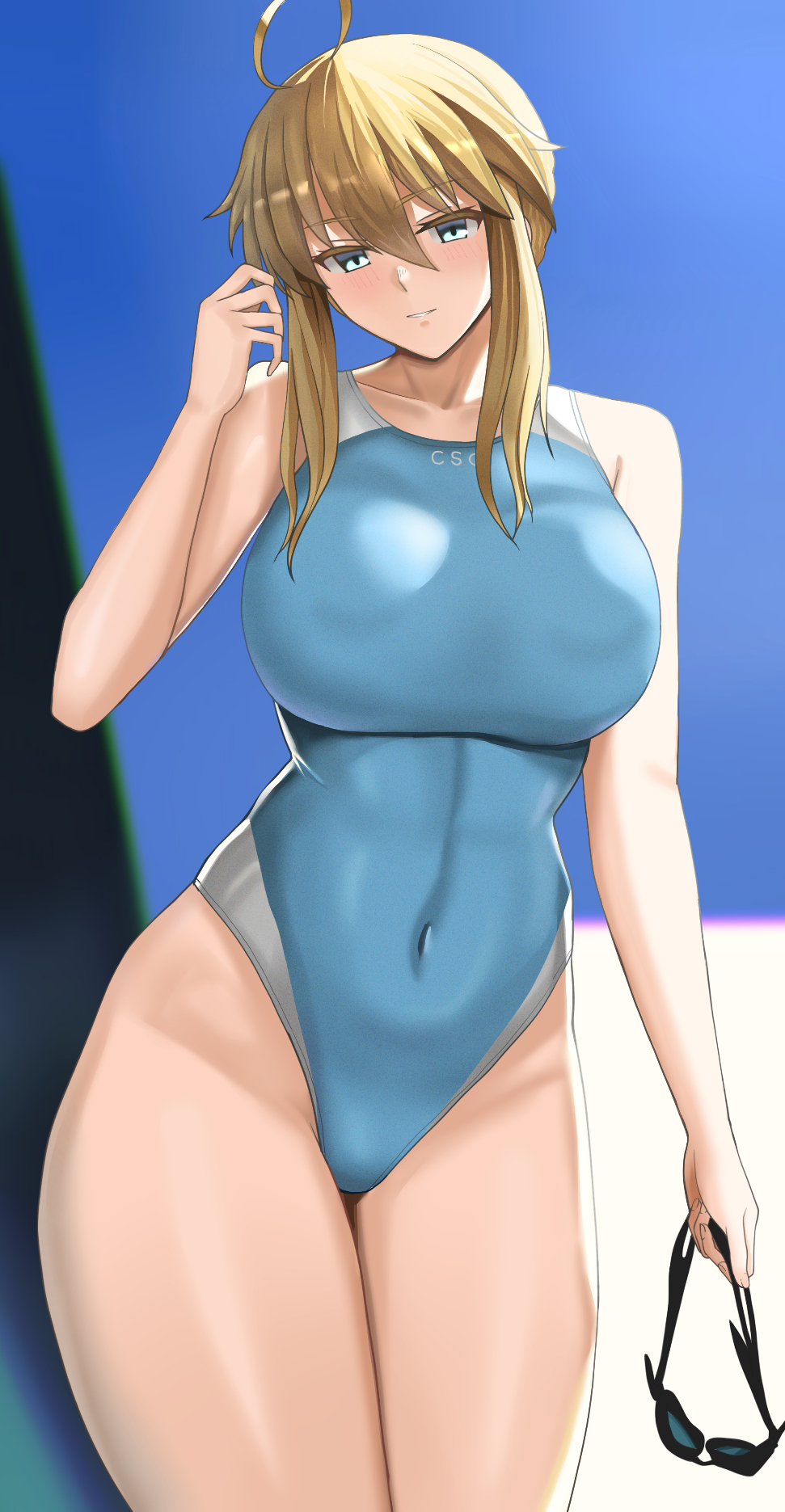 1girl ahoge artoria_pendragon_(fate) artoria_pendragon_(lancer)_(fate) bangs blonde_hair blue_swimsuit breasts competition_swimsuit covered_navel cowboy_shot fate/grand_order fate_(series) green_eyes hair_between_eyes highleg highleg_swimsuit highres higofushi huge_breasts one-piece_swimsuit sidelocks solo standing swept_bangs swimsuit