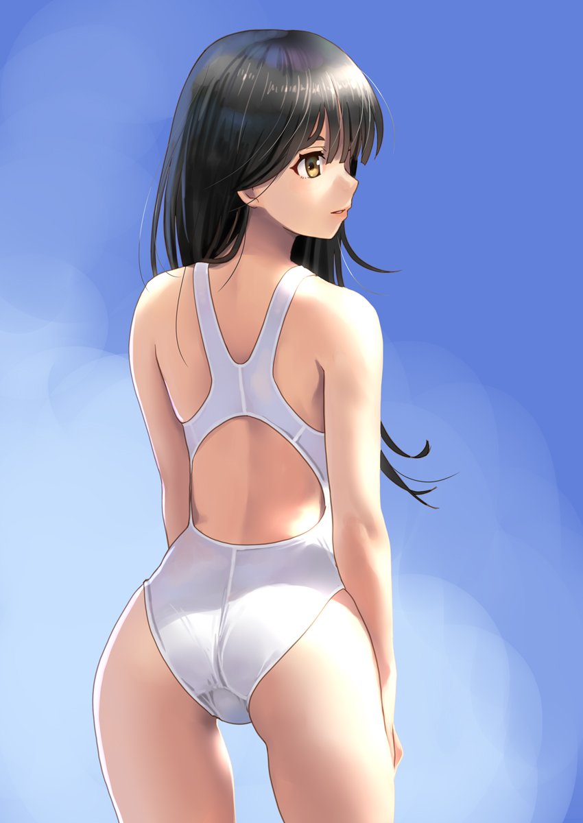 1girl ass black_hair blue_background brown_eyes commentary_request competition_swimsuit cowboy_shot from_behind gradient gradient_background hands_on_own_thighs highres katahira_masashi lips long_hair looking_to_the_side one-piece_swimsuit original profile solo standing swimsuit thigh_gap white_swimsuit