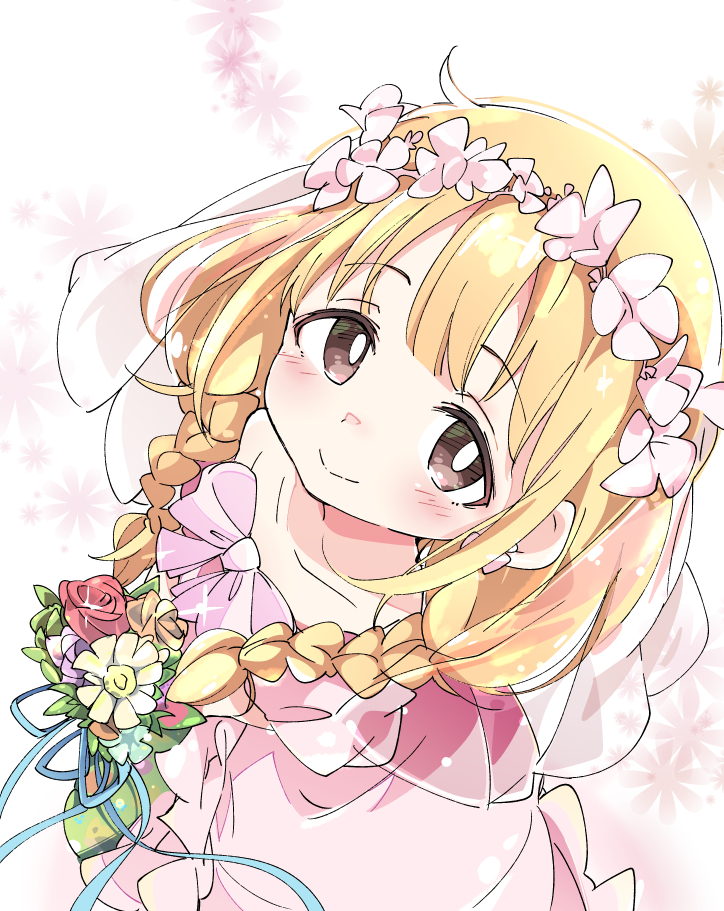 1girl alternate_hairstyle bangs blonde_hair blunt_bangs blush bouquet braid bridal_veil brown_eyes closed_mouth collarbone dress eyebrows_visible_through_hair flower from_above futaba_anzu idolmaster idolmaster_cinderella_girls ixy long_hair looking_at_viewer smile solo twin_braids veil wedding_dress