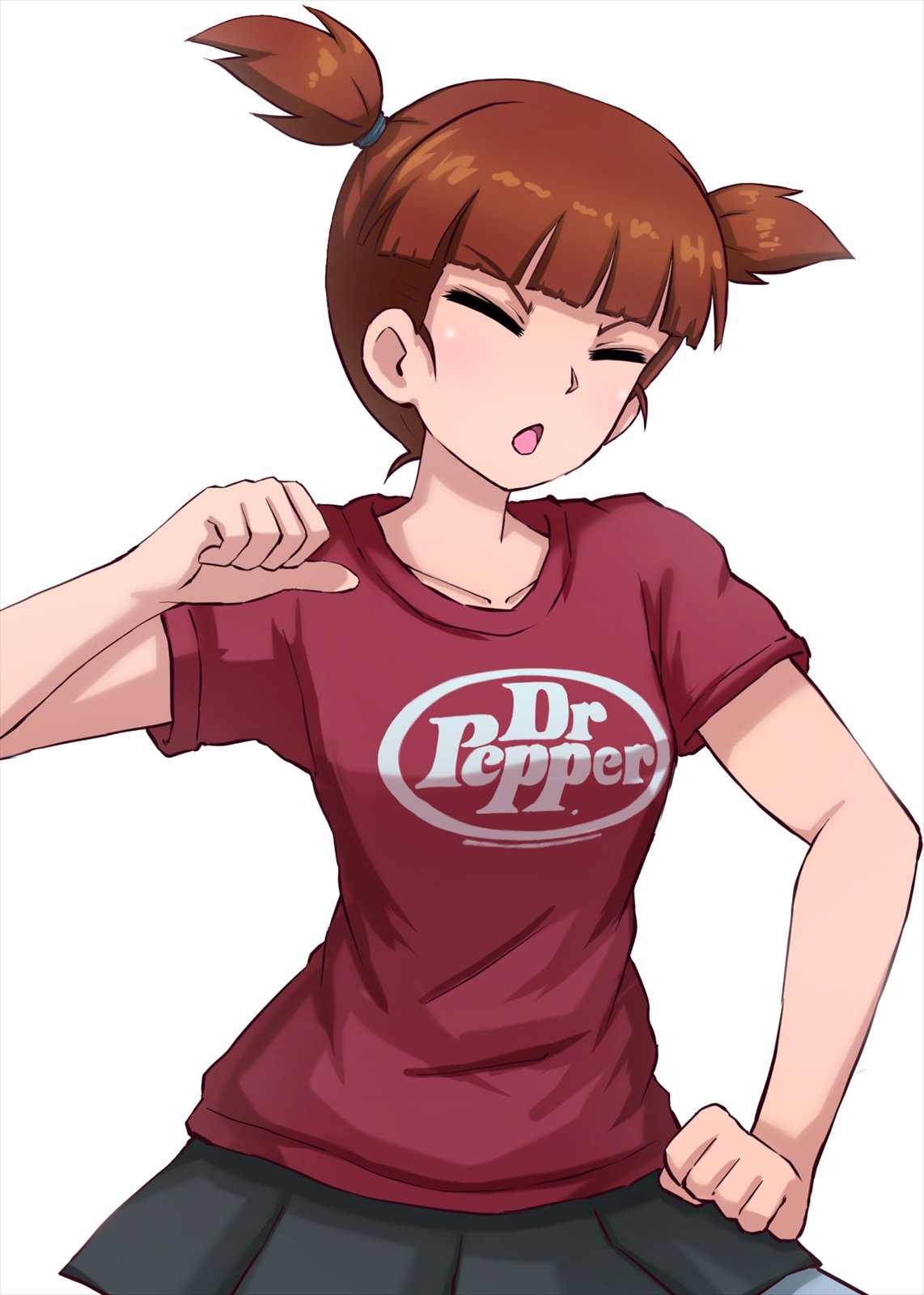 1girl black_skirt casual closed_mouth commentary dr_pepper frown girls_und_panzer hair_tie hand_on_hip head_tilt highres logo mikko_(girls_und_panzer) miniskirt omachi_(slabco) open_mouth pleated_skirt pose print_shirt red_shirt redhead shirt short_hair short_sleeves short_twintails simple_background skirt solo standing t-shirt thumbs_up twintails upper_body v-shaped_eyebrows white_background