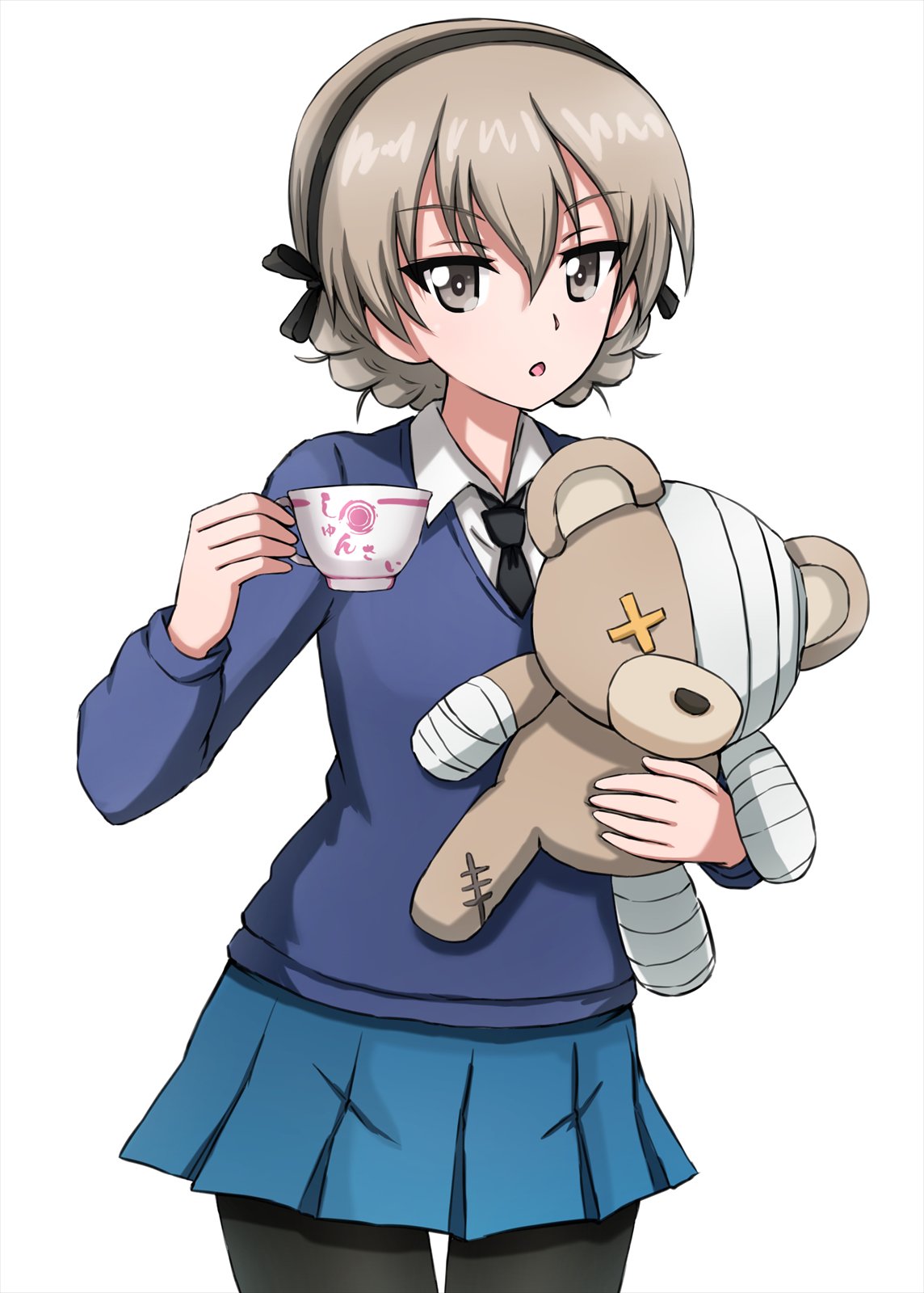 1girl :o alternate_hairstyle bandages bangs black_legwear black_neckwear black_ribbon blue_skirt blue_sweater boko_(girls_und_panzer) braid commentary cosplay cowboy_shot cup darjeeling darjeeling_(cosplay) dress_shirt eyebrows_visible_through_hair girls_und_panzer hair_ribbon hair_up highres holding holding_cup holding_stuffed_animal light_brown_eyes light_brown_hair long_sleeves looking_at_viewer miniskirt necktie omachi_(slabco) open_mouth pantyhose pleated_skirt ribbon school_uniform shimada_arisu shirt short_hair simple_background skirt solo st._gloriana's_school_uniform standing stuffed_animal stuffed_toy sweater teacup teddy_bear tied_hair twin_braids v-neck white_background white_shirt wing_collar