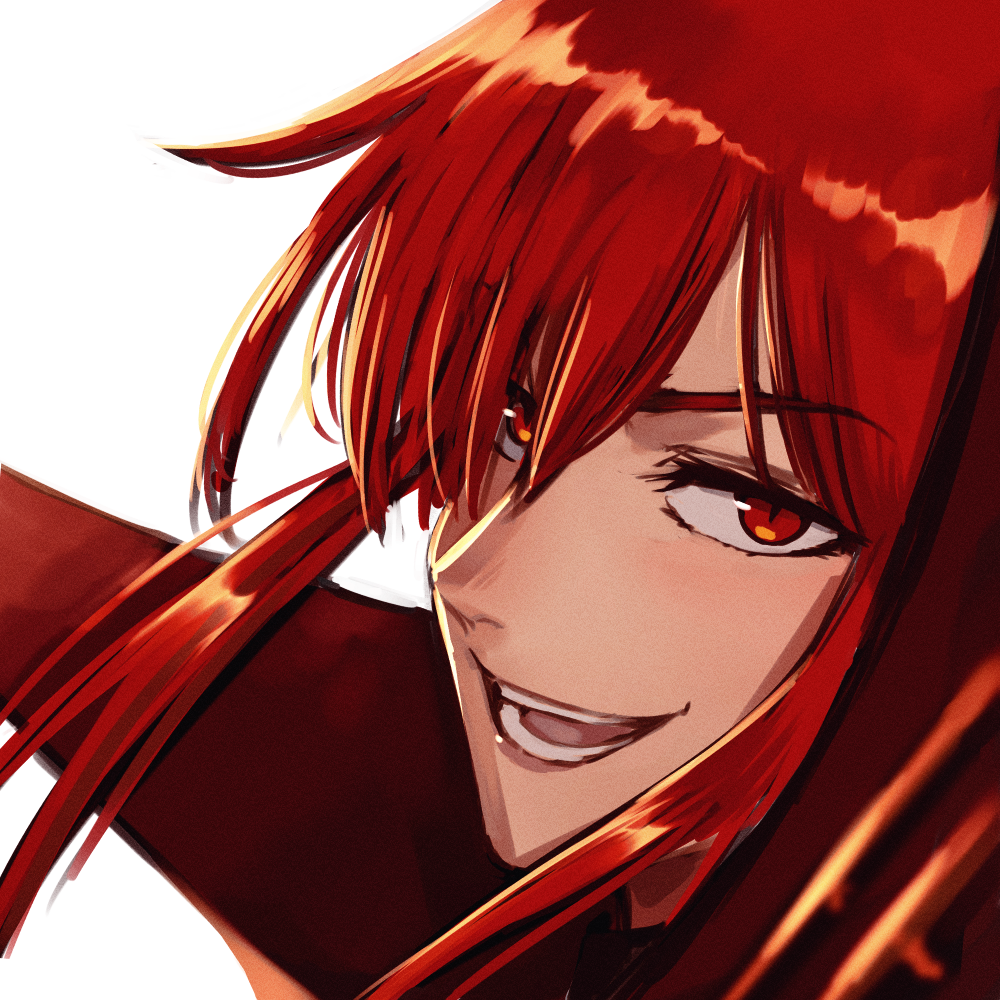 1girl close-up face fate/grand_order fate_(series) fumafu long_hair oda_nobunaga_(fate) open_mouth popped_collar red_eyes redhead shiny shiny_hair simple_background smile solo teeth white_background