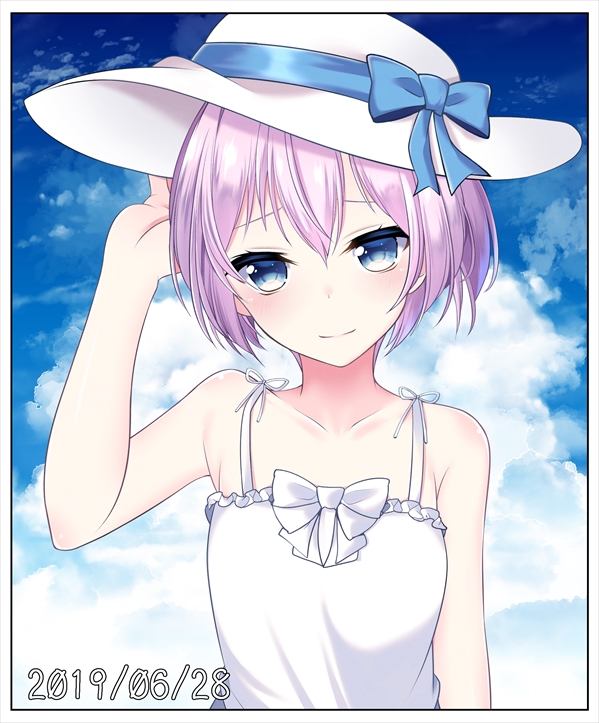 1girl arm_at_side arm_up bangs bare_arms bare_shoulders blue_bow blue_eyes blue_ribbon blush border bow clouds commentary_request dated day dress hand_on_headwear hat hat_bow hat_ribbon hikobae kantai_collection looking_away pink_hair ponytail ribbon shiranui_(kantai_collection) sleeveless sleeveless_dress smile solo sun_hat upper_body white_border white_bow white_dress white_headwear