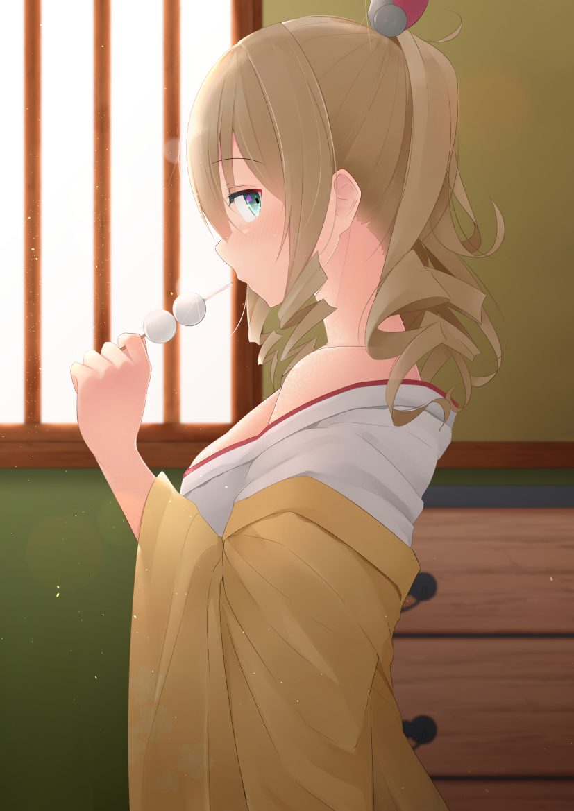 1girl aqua_eyes bangs bare_shoulders blurry blush breasts brown_hair closed_mouth dango depth_of_field drawer drill_hair dust_particles eyebrows_visible_through_hair food from_side hatakaze_(kantai_collection) holding holding_food indoors japanese_clothes kantai_collection kimono kimono_pull large_breasts long_hair long_sleeves looking_at_viewer looking_to_the_side ne_an_ito off_shoulder shelf sidelocks sideways_glance solo upper_body wagashi white_kimono wide_sleeves window