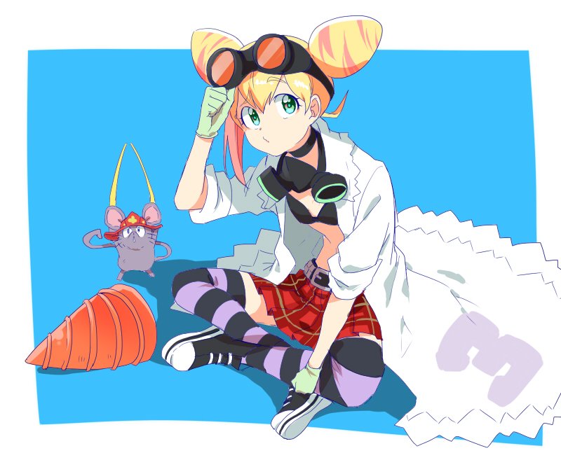 1girl bikini_top blonde_hair blue_eyes double_bun drill gloves goggles goggles_around_neck labcoat lucia_fex multicolored_hair promare skn20662941 striped striped_legwear two-tone_hair vinny_(promare)