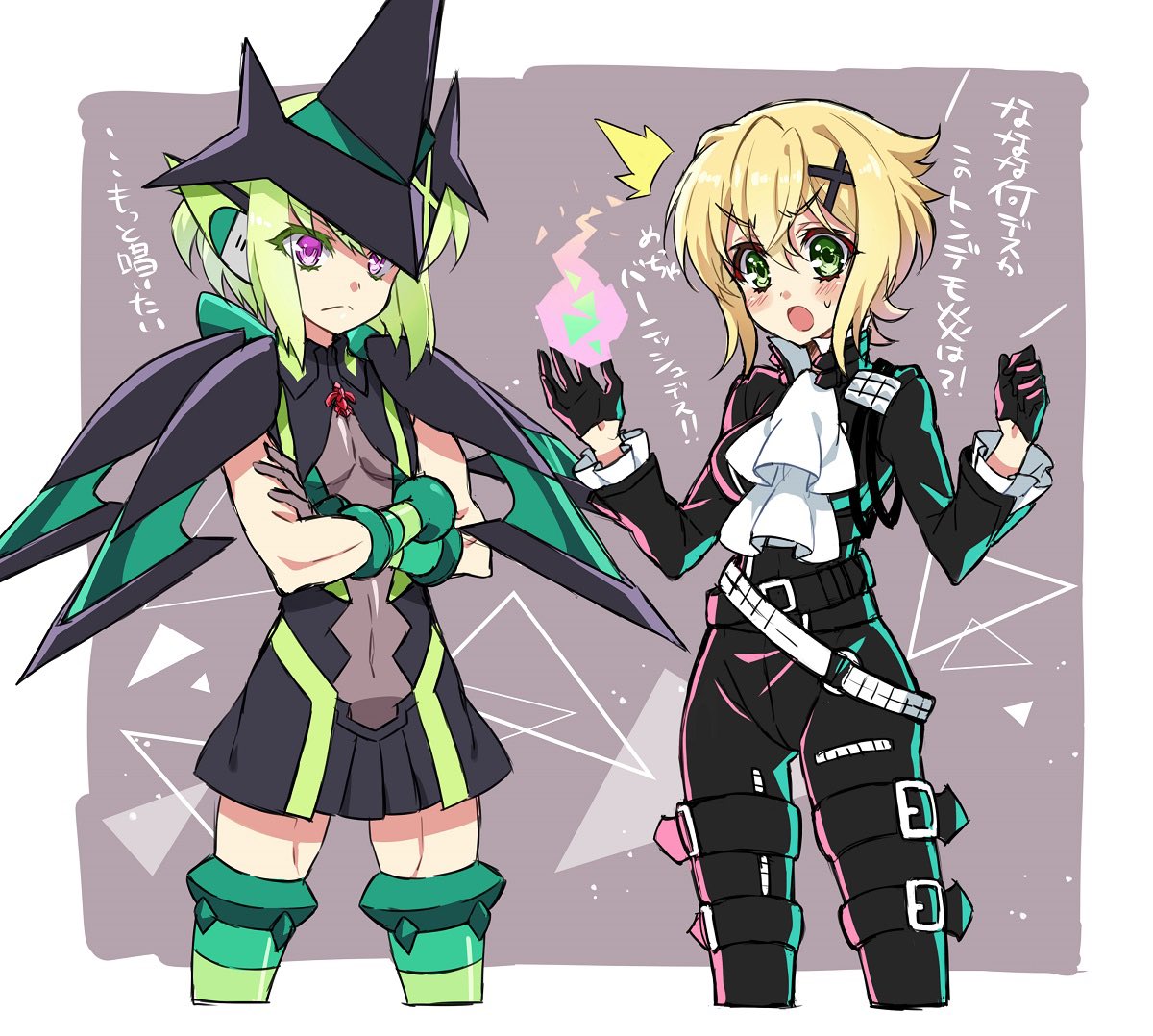 1boy 1girl akatsuki_kirika akatsuki_kirika_(cosplay) belt black_gloves blonde_hair blush cosplay covered_navel cravat crossed_arms crossover fire gloves green_eyes hair_ornament headgear lio_fotia lio_fotia_(cosplay) open_mouth promare senki_zesshou_symphogear short_hair striped striped_legwear x_hair_ornament yuuheisyoujyo