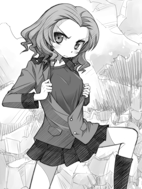 1girl boots closed_mouth commentary epaulettes foot_up frown girls_und_panzer gofu graphite_(medium) greyscale head_tilt jacket long_sleeves looking_at_viewer medium_hair military military_uniform miniskirt monochrome open_clothes open_jacket opened_by_self outdoors pleated_skirt rosehip shirt skirt solo st._gloriana's_military_uniform standing traditional_media uniform v-shaped_eyebrows