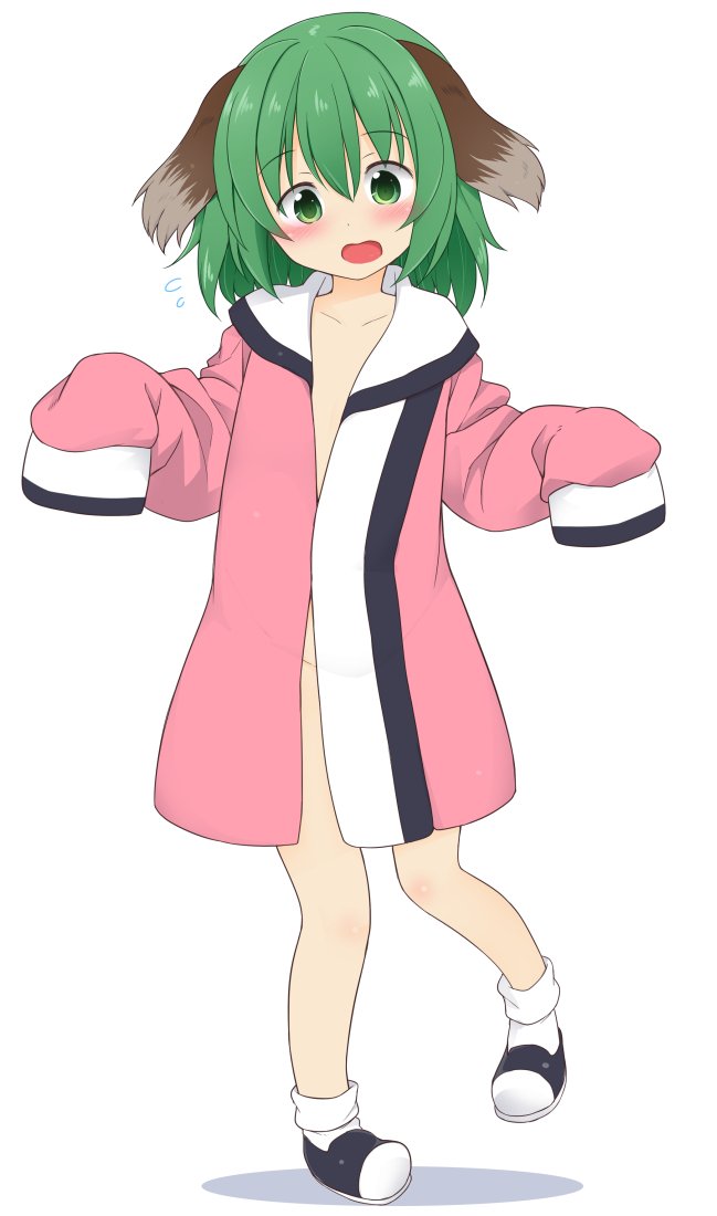 1girl animal_ears commentary_request dog_ears dog_tail flying_sweatdrops full_body green_eyes green_hair kasodani_kyouko kazawa_(tonzura-d) long_sleeves no_panties open_clothes open_mouth open_shirt shirt short_hair sleeves_past_wrists tail touhou