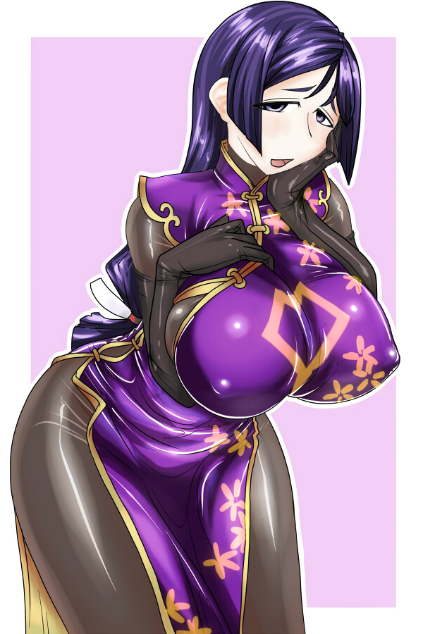 1girl atorie_yukkuri_(pwhol) bodysuit breasts china_dress chinese_clothes curvy dress fate/grand_order fate_(series) large_breasts long_hair looking_at_viewer low-tied_long_hair minamoto_no_raikou_(fate/grand_order) plump purple_hair solo very_long_hair violet_eyes