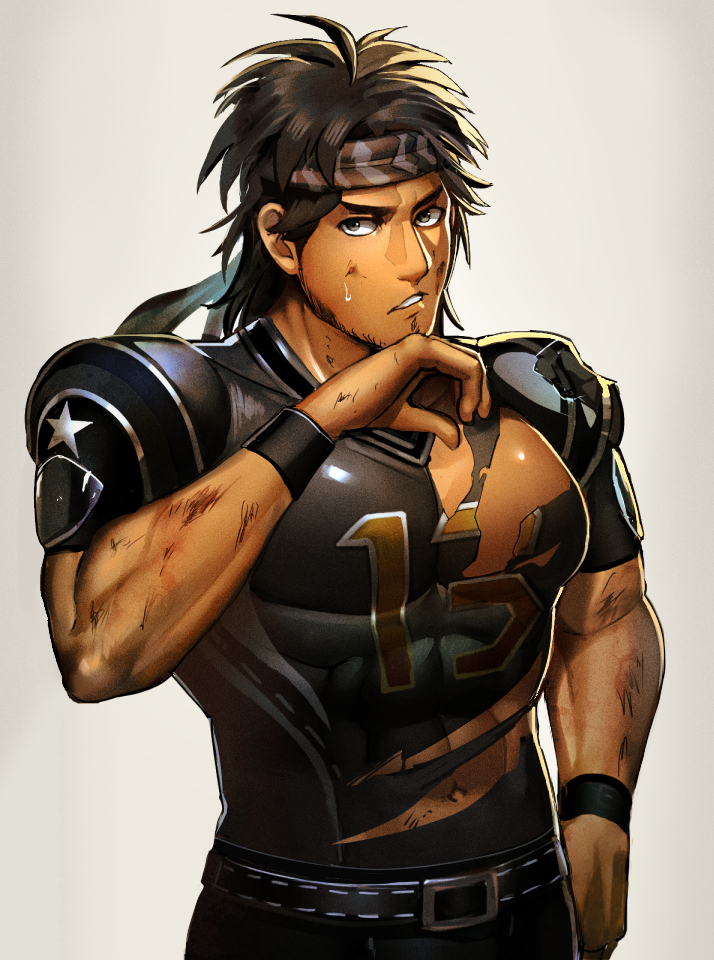 1boy abs belt biganiue brown_eyes brown_hair dirty_face facial_hair football_uniform hand_up headband identity_v jersey looking_at_viewer male_focus muscle navel simple_background solo sportswear standing stubble sweat torn_clothes william_ellis wristband