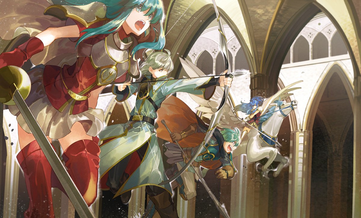 2boys 2girls ahoge armor arrow blonde_hair blue_hair boots bow_(weapon) brother_and_sister cape eirika ephraim fire_emblem fire_emblem:_the_sacred_stones gloves green_hair holding holding_bow_(weapon) holding_weapon horseback_riding innes long_hair multiple_boys multiple_girls noki_(affabile) pegasus pegasus_knight riding siblings skirt smile tana twins weapon