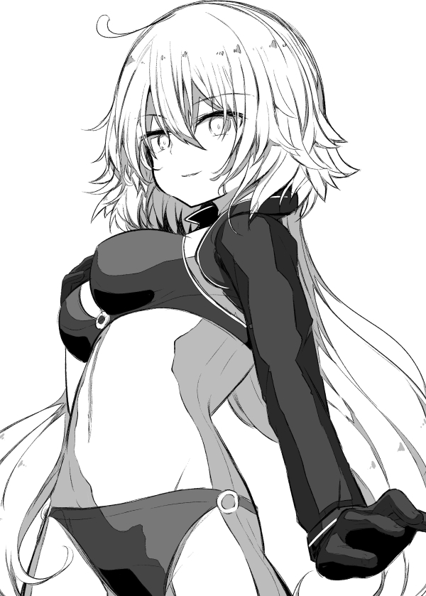 1girl bangs beni_shake blush breasts commentary_request eyebrows_visible_through_hair fate/grand_order fate_(series) gloves greyscale groin hair_between_eyes hand_on_own_chest hand_up jeanne_d'arc_(alter_swimsuit_berserker) jeanne_d'arc_(fate)_(all) large_breasts long_hair long_sleeves looking_at_viewer monochrome o-ring o-ring_bikini o-ring_bottom o-ring_top parted_lips simple_background solo very_long_hair white_background