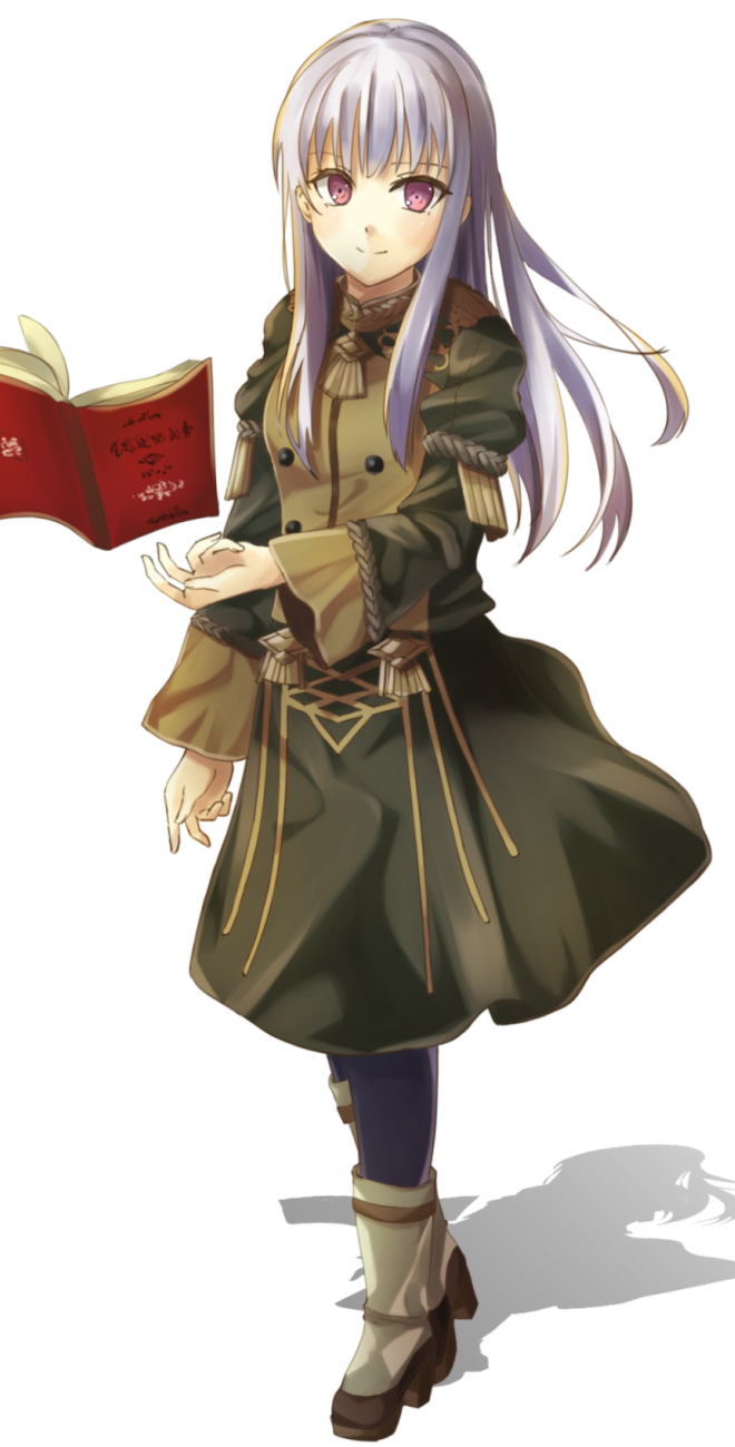 1girl book closed_mouth fire_emblem fire_emblem:_three_houses full_body fuussu_(21-kazin) highres long_hair long_sleeves lysithea_von_cordelia open_book pantyhose pink_eyes simple_background smile solo uniform white_background white_hair