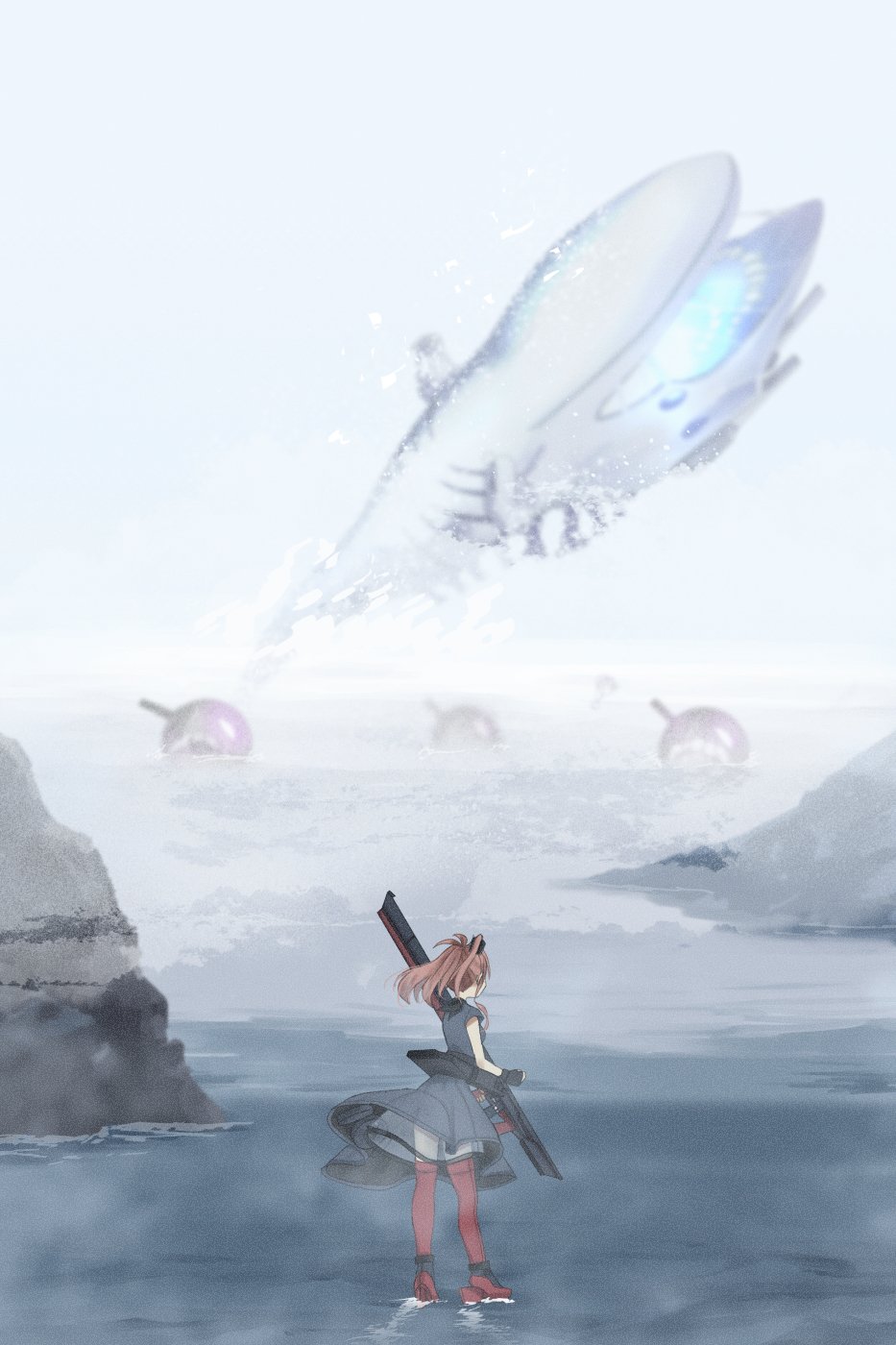 1girl 1other annin_musou black_dress black_gloves brown_hair commentary_request dress fingerless_gloves flight_deck fog from_behind full_body gloves hair_ornament highres kantai_collection ponytail red_legwear red_neckwear remodel_(kantai_collection) saratoga_(kantai_collection) scenery side_ponytail sidelocks standing thigh-highs whale
