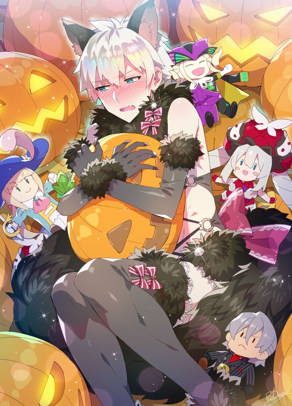 1boy animal_ears antonio_salieri_(fate/grand_order) black_gloves black_legwear blue_eyes blush bow character_doll charles_henri_sanson_(fate/grand_order) chevalier_d'eon_(fate/grand_order) claws covering dangerous_beast elbow_gloves embarrassed fake_animal_ears fake_tail fang fate/grand_order fate_(series) fur_trim gloves halloween highres looking_to_the_side male_focus marie_antoinette_(fate/grand_order) open_mouth pumpkin redrop silver_hair solo tail wolfgang_amadeus_mozart_(fate/grand_order)