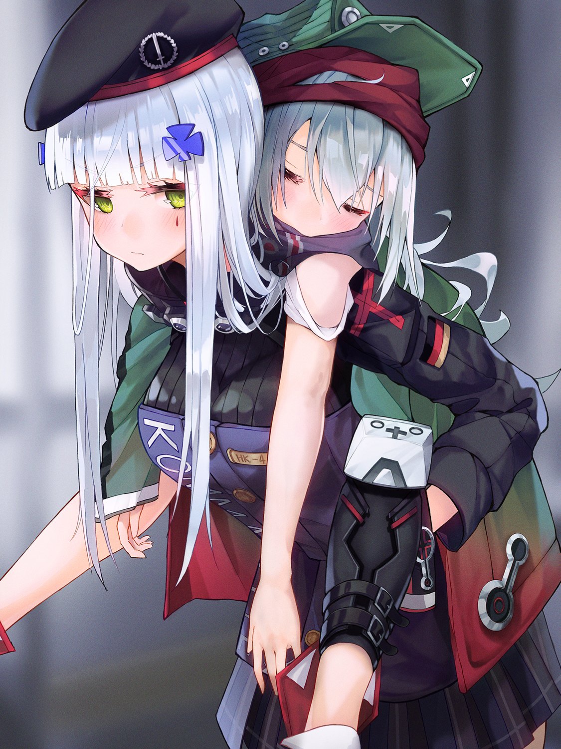 2girls annoyed beret blush carrying g11_(girls_frontline) german_flag girls_frontline green_eyes hat highres hk416_(girls_frontline) iron_cross jacket multiple_girls piggyback pot-palm shoes silver_hair sleeping