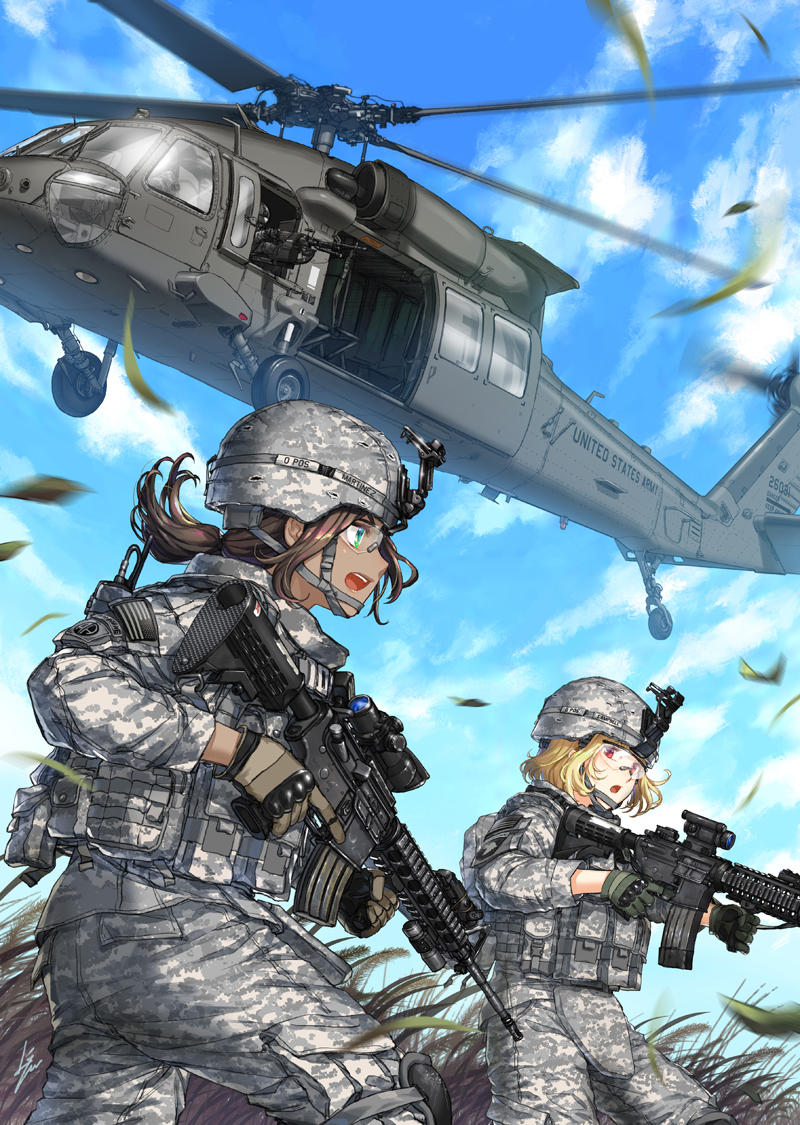 2girls aircraft assault_rifle blonde_hair body_armor brown_hair clouds commentary digital_camouflage fisheye foregrip glasses gloves grass green_eyes gun helicopter helmet kws leaf load_bearing_vest long_hair looking_at_another looking_to_the_side m240 m4_carbine machine_gun medium_hair military military_uniform multiple_girls open_mouth original ponytail red_eyes rifle running safety_glasses sky soldier trigger_discipline uh-60_blackhawk uniform walkie-talkie weapon wind