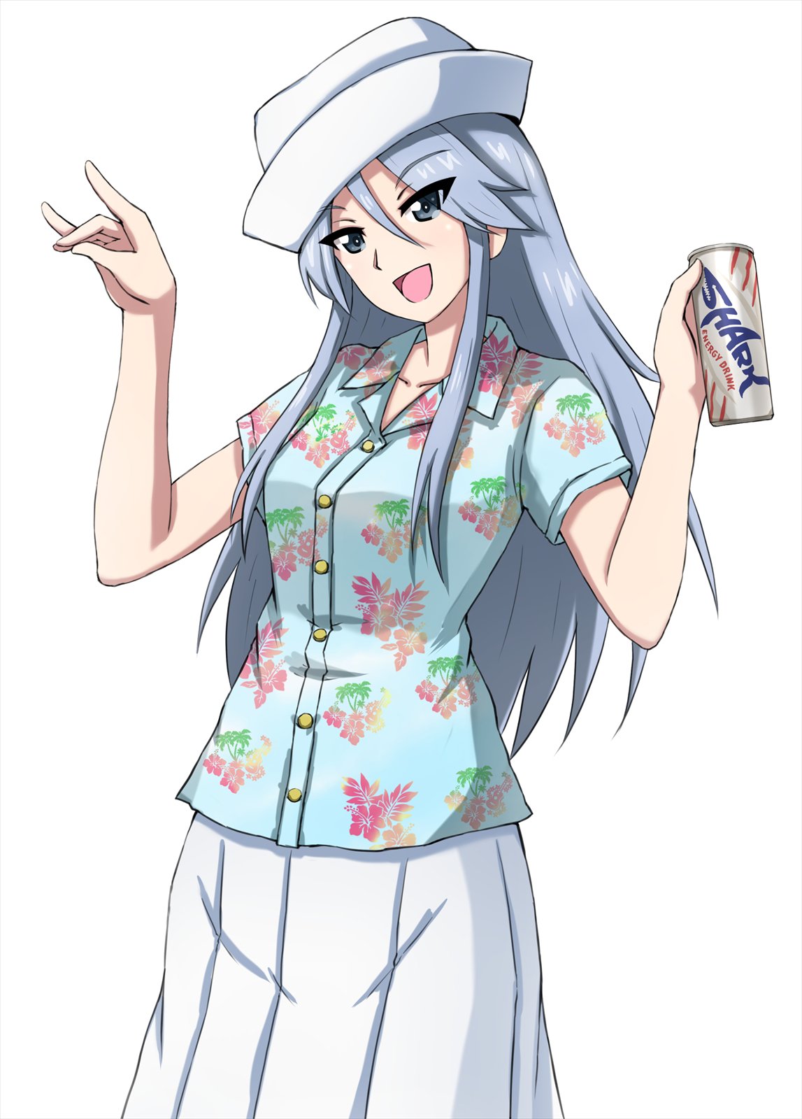 1girl :d \n/ bangs blue_eyes blue_shirt can casual dixie_cup_hat energy_drink eyebrows_visible_through_hair flint_(girls_und_panzer) girls_und_panzer hat hawaiian_shirt head_tilt highres holding holding_can long_hair long_skirt looking_at_viewer military_hat omachi_(slabco) open_mouth pleated_skirt shirt short_sleeves silver_hair simple_background skirt smile solo standing upper_body w_arms white_background white_skirt