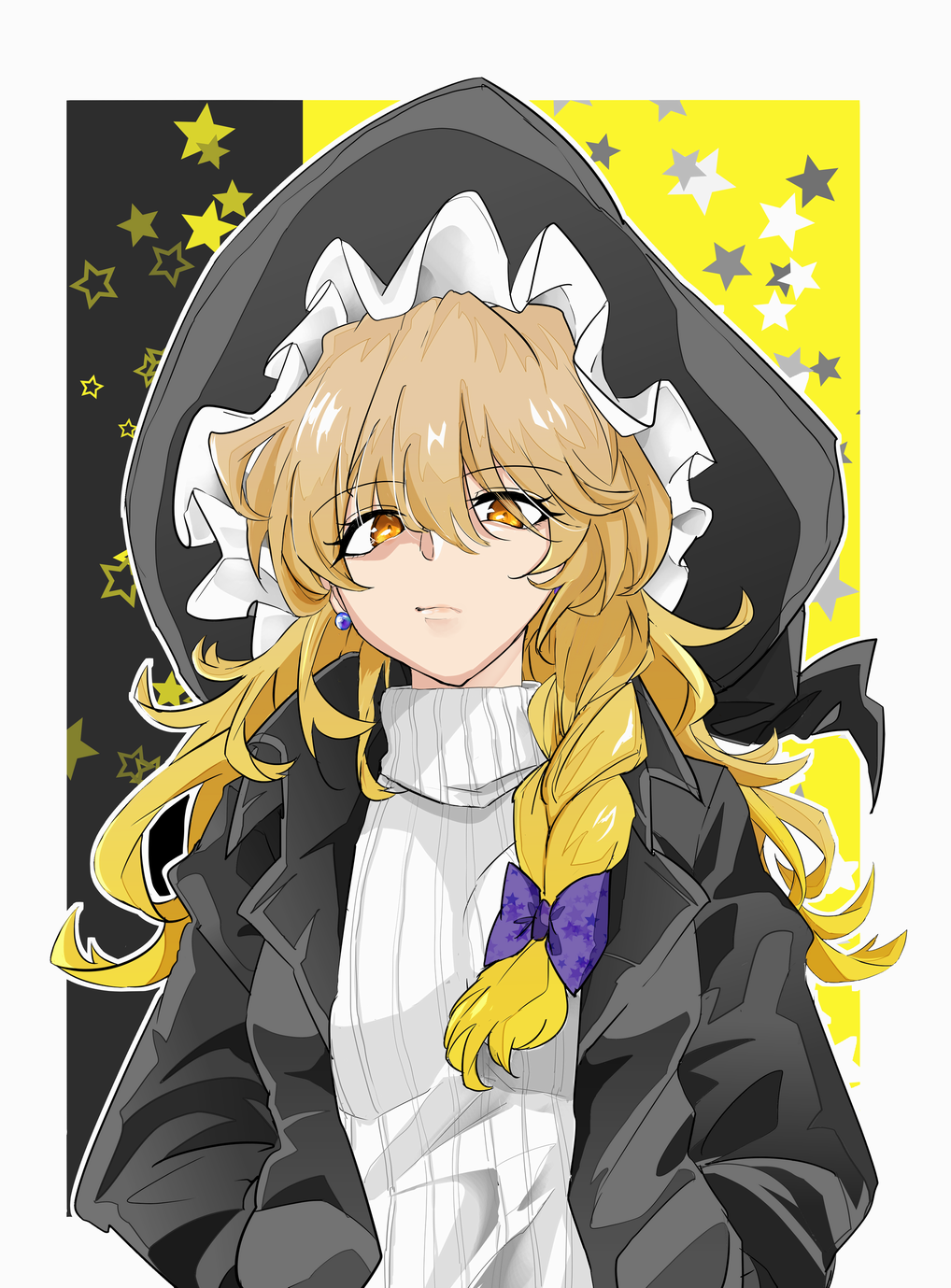 1girl black_background black_headwear black_jacket blonde_hair braid breasts earrings eyebrows_visible_through_hair fuko_(fukkofuko) hair_between_eyes hair_ribbon hands_in_pockets hat highres jacket jewelry kirisame_marisa lips long_hair looking_at_viewer medium_breasts orange_eyes ribbed_sweater ribbon side_braid solo star starry_background sweater touhou tress_ribbon turtleneck turtleneck_sweater upper_body white_sweater witch_hat yellow_background