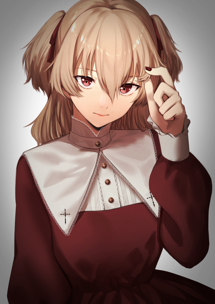 1girl bangs cross dress eyebrows_visible_through_hair gradient gradient_background hair_ribbon highres light_brown_hair long_hair long_sleeves original playing_with_own_hair red_dress red_eyes red_nails red_ribbon redlammy ribbon sidelocks simple_background tsurime two_side_up upper_body