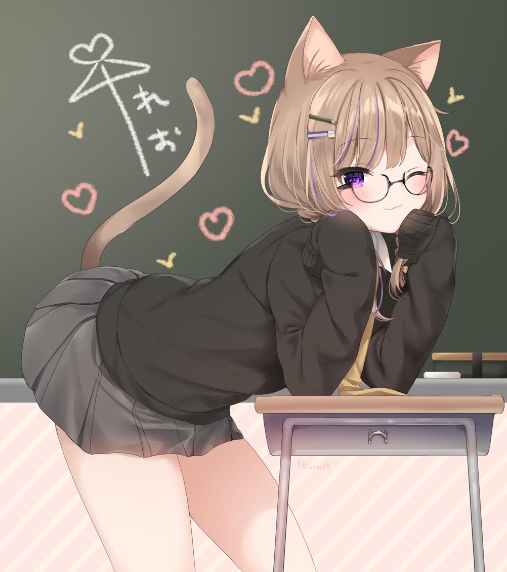 1girl ;3 ai_ai_gasa animal_ear_fluff animal_ears black-framed_eyewear black_sweater blush brown_hair cat_ears cat_girl cat_tail chalkboard closed_mouth commentary desk diagonal-striped_background diagonal_stripes glasses grey_skirt hands_up heart leaning_forward long_hair long_sleeves looking_at_viewer mafuyu_(chibi21) multicolored_hair one_eye_closed original pleated_skirt purple_hair school_desk semi-rimless_eyewear signature skirt sleeves_past_fingers sleeves_past_wrists solo streaked_hair striped striped_background sweater symbol_commentary tail tail_raised under-rim_eyewear violet_eyes