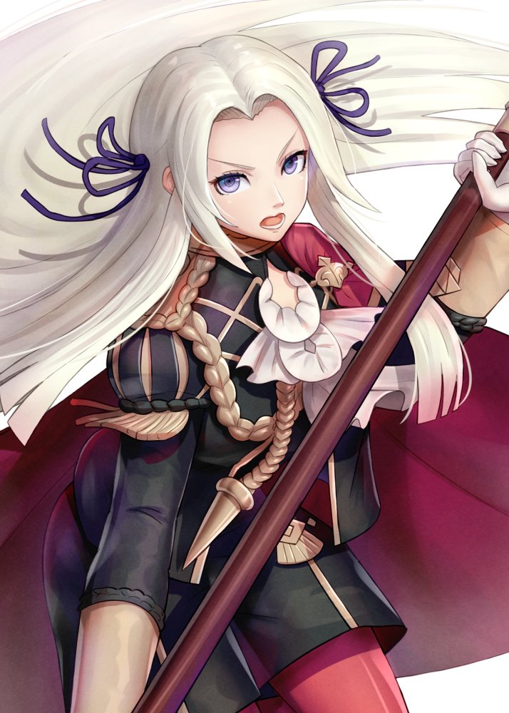 1girl angry axe blonde_hair blue_eyes cape cravat edelgard_von_hresvelgr_(fire_emblem) fire_emblem fire_emblem:_three_houses fire_emblem:_three_houses gloves gonzarez hair_ornament hair_ribbon intelligent_systems long_hair looking_at_viewer nintendo open_mouth pantyhose red_cape ribbon simple_background smile super_smash_bros. uniform weapon white_background