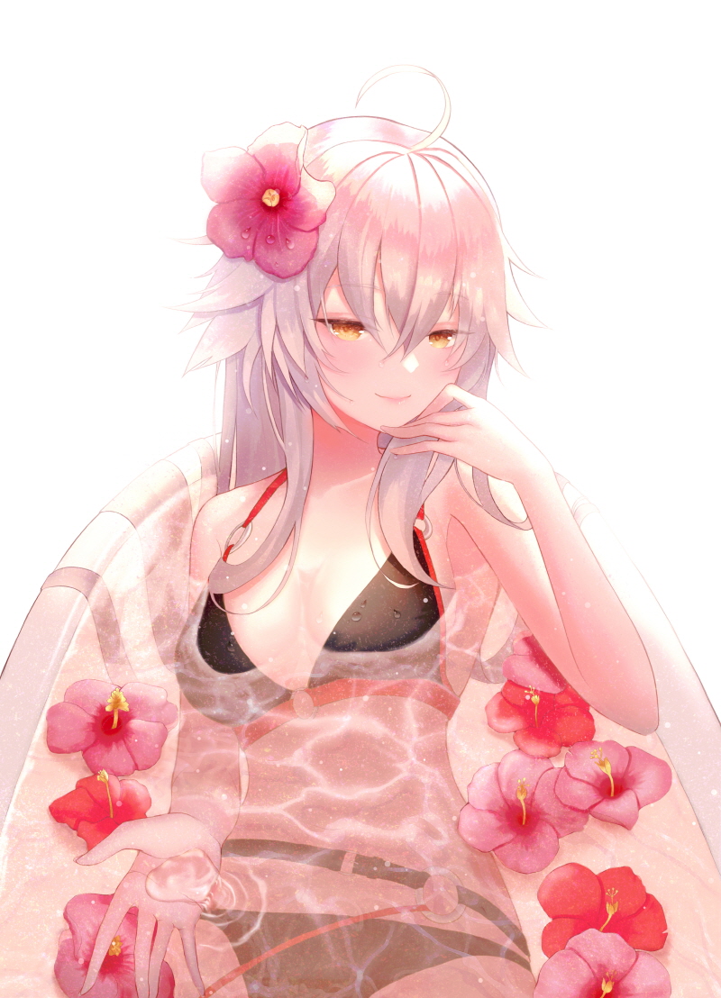 1girl ahoge bangs bare_arms bare_shoulders bath bathtub bikini black_bikini blush breasts brown_eyes closed_mouth commentary eyebrows_visible_through_hair fate/grand_order fate_(series) flower flower_on_liquid hair_between_eyes hair_flower hair_ornament half-closed_eyes jeanne_d'arc_(alter_swimsuit_berserker) jeanne_d'arc_(fate)_(all) large_breasts long_hair o-ring o-ring_bikini o-ring_top partially_submerged red_flower silver_hair simple_background smile solo swimsuit symbol_commentary water white_background zain_(jiha3905)