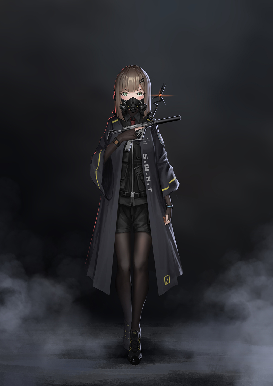 1girl bangs black_footwear black_jacket black_legwear black_shirt black_shorts blush brown_gloves brown_hair collared_shirt commentary_request elbow_gloves eyebrows_visible_through_hair face_mask fingerless_gloves gloves green_eyes gun hair_ornament hairclip highres holding holding_gun holding_weapon jacket legwear_under_shorts long_sleeves looking_at_viewer mask open_clothes open_jacket original pantyhose red_neckwear respirator shirt shoes short_shorts shorts smoke solo standing suppressor v-shaped_eyebrows walking weapon wide_sleeves yurichtofen
