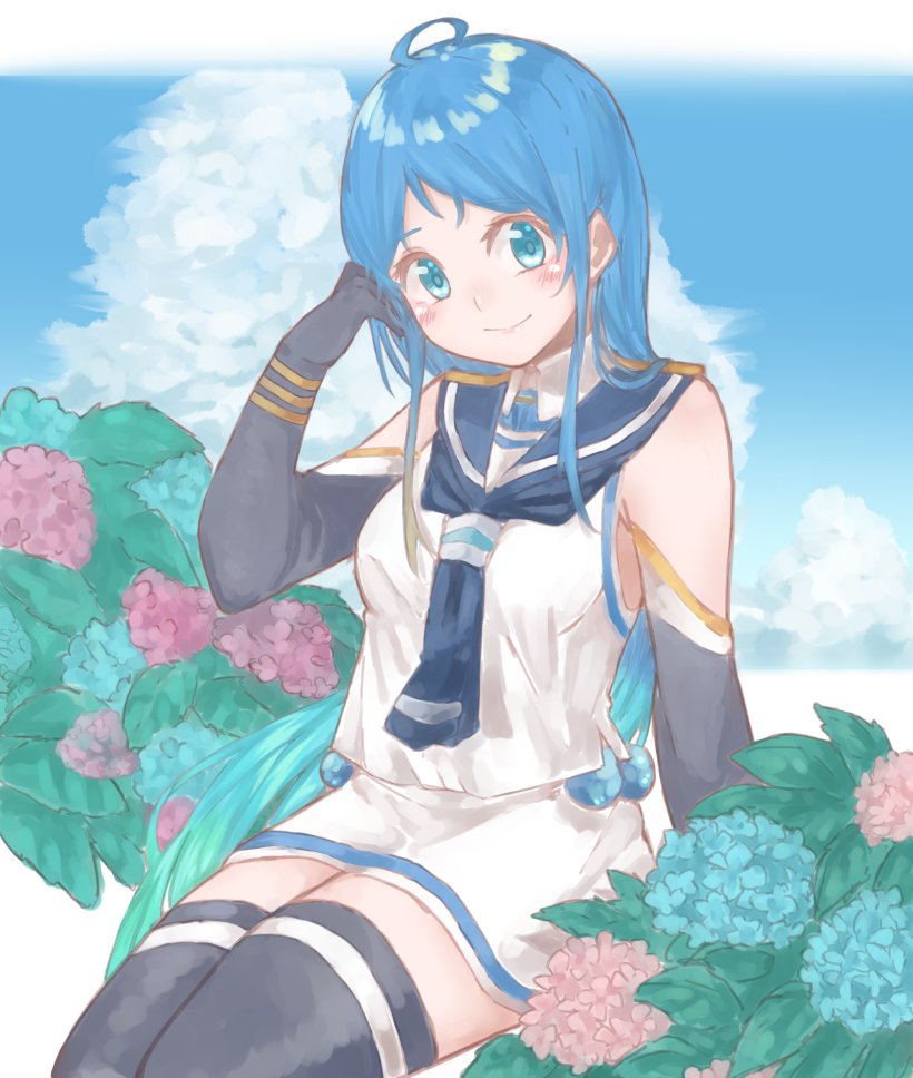 1girl ahoge az_toride bangs black_legwear black_sailor_collar blue_eyes blue_hair blue_sky clouds cowboy_shot elbow_gloves flower gloves gradient_hair kantai_collection long_hair looking_at_viewer morning_glory multicolored_hair neckerchief sailor_collar samidare_(kantai_collection) school_uniform serafuku shirt sitting skirt sky sleeveless sleeveless_shirt smile solo swept_bangs thigh-highs very_long_hair white_skirt