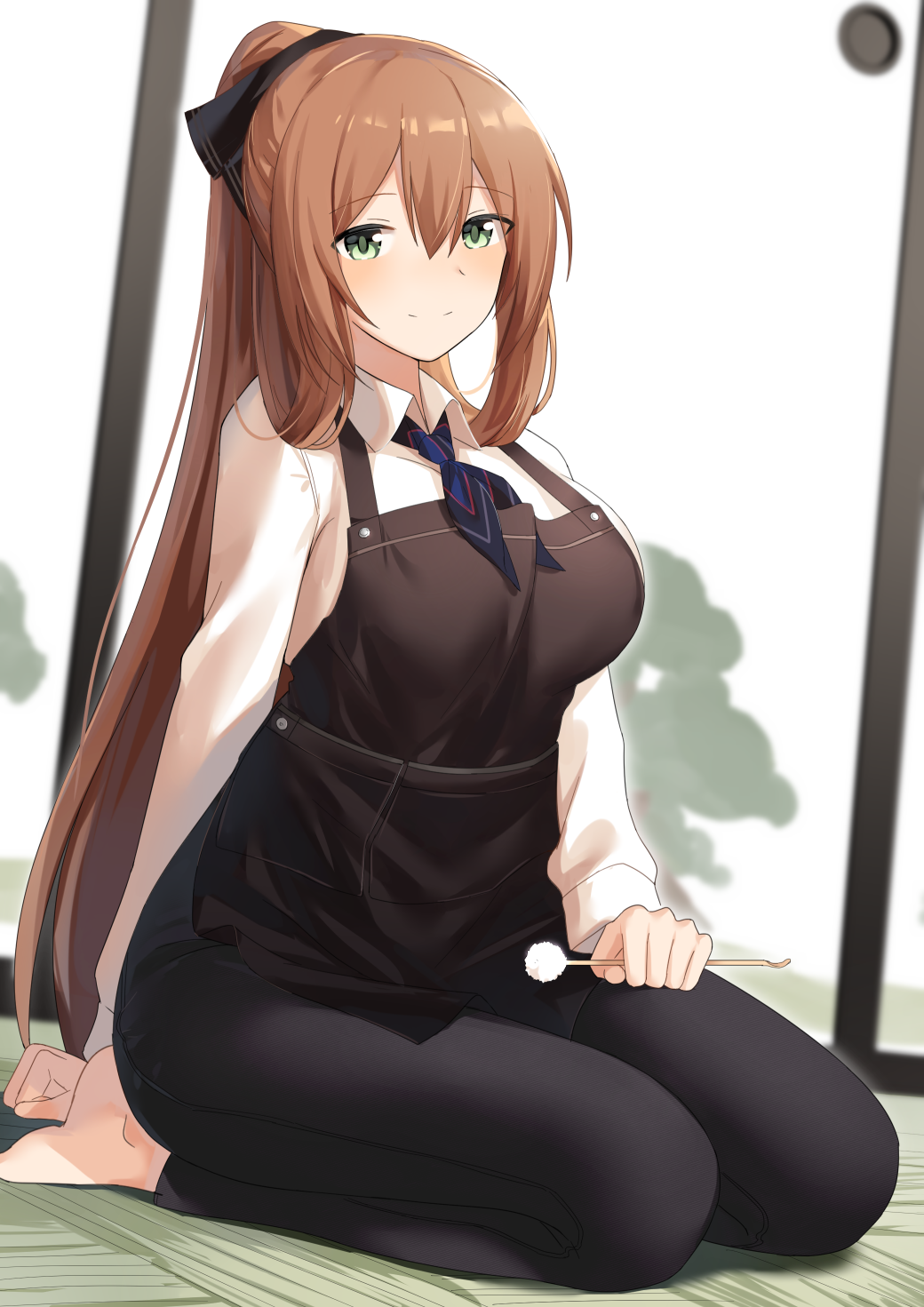 1girl alternate_costume apron arm_behind_back bangs barefoot black_apron black_pants blue_neckwear blush breasts brown_hair closed_mouth collared_shirt commentary_request copiz cotton_swab door eyebrows_visible_through_hair girls_frontline green_eyes hair_between_eyes hair_ornament highres holding indoors large_breasts long_hair long_sleeves looking_at_viewer m1903_springfield_(girls_frontline) mimikaki on_floor pants ponytail seiza shirt sitting smile solo very_long_hair white_shirt