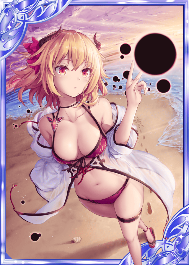 1girl akkijin bare_shoulders beach bikini blonde_hair card_(medium) darkness demon_horns garter_straps hair_ribbon horns looking_to_the_side looking_up ocean official_art pink_bikini pink_hair pink_ribbon purple_sky ribbon shinkai_no_valkyrie sky swimsuit walking