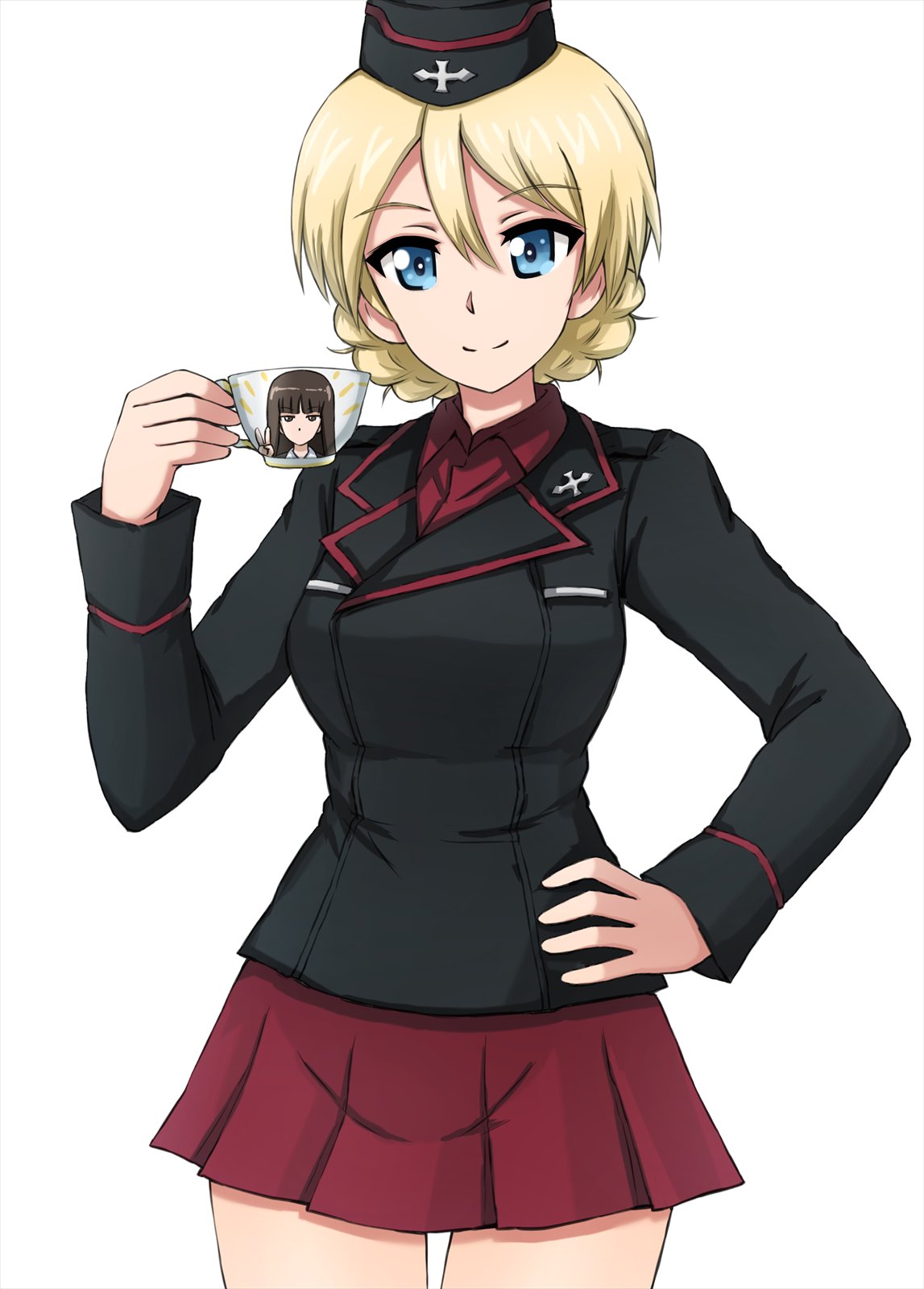 1girl alternate_costume bangs black_headwear black_jacket blonde_hair blue_eyes braid closed_mouth commentary cup darjeeling dress_shirt eyebrows_visible_through_hair garrison_cap girls_und_panzer hand_on_hip hat highres holding holding_cup insignia jacket kuromorimine_military_uniform light_rays long_sleeves looking_at_viewer military military_hat military_uniform miniskirt nishizumi_shiho omachi_(slabco) pleated_skirt red_shirt red_skirt shirt short_hair simple_background skirt smile solo standing teacup tied_hair twin_braids uniform v white_background wing_collar
