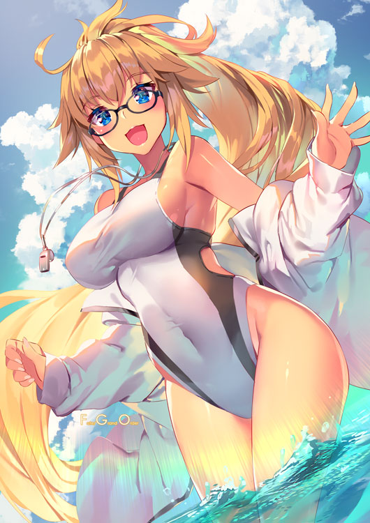 1girl :d aguy armpits bare_shoulders black-framed_eyewear blue_eyes blue_sky breasts brown_hair clouds commentary_request competition_swimsuit covered_navel day fate/grand_order fate_(series) glasses impossible_clothes impossible_swimsuit jacket jeanne_d'arc_(fate)_(all) jeanne_d'arc_(swimsuit_archer) large_breasts long_hair looking_at_viewer off_shoulder one-piece_swimsuit open_clothes open_jacket open_mouth outdoors sky smile solo sunlight swimsuit tan tanline thighs very_long_hair wading water whistle white_jacket white_swimsuit