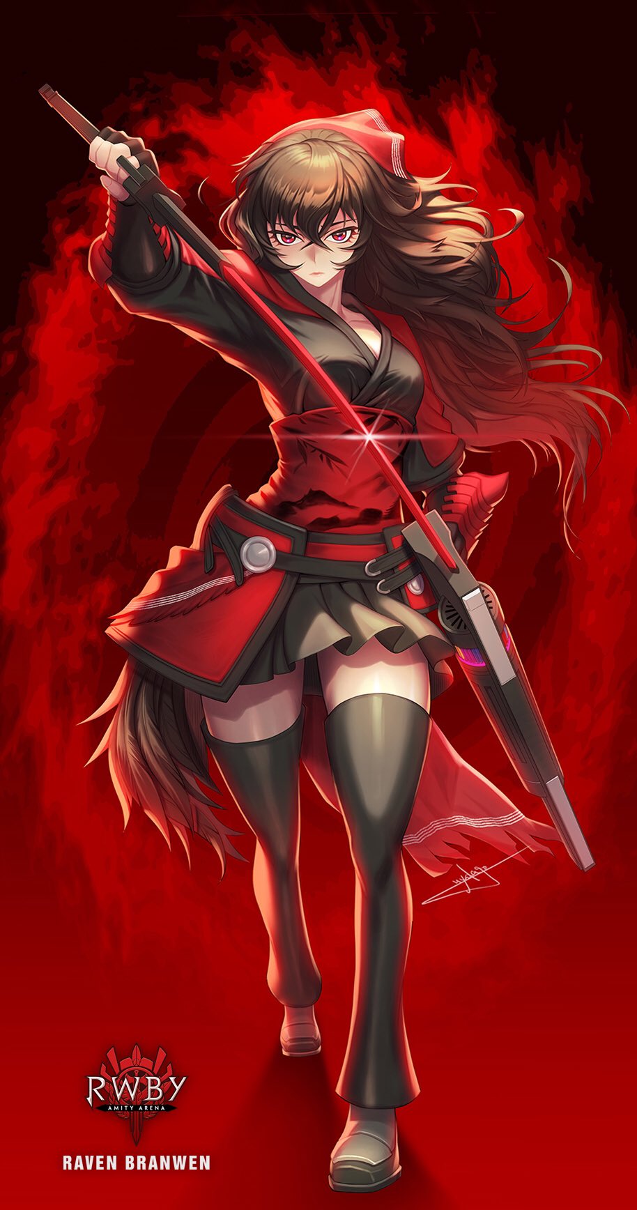 1girl bandana black_hair dark_background english_text fingerless_gloves gauntlets gloves highres japanese_clothes katana leg_warmers official_art raven_branwen red_background rwby sheath shoes skirt solo sword thigh-highs uyalago violet_eyes weapon