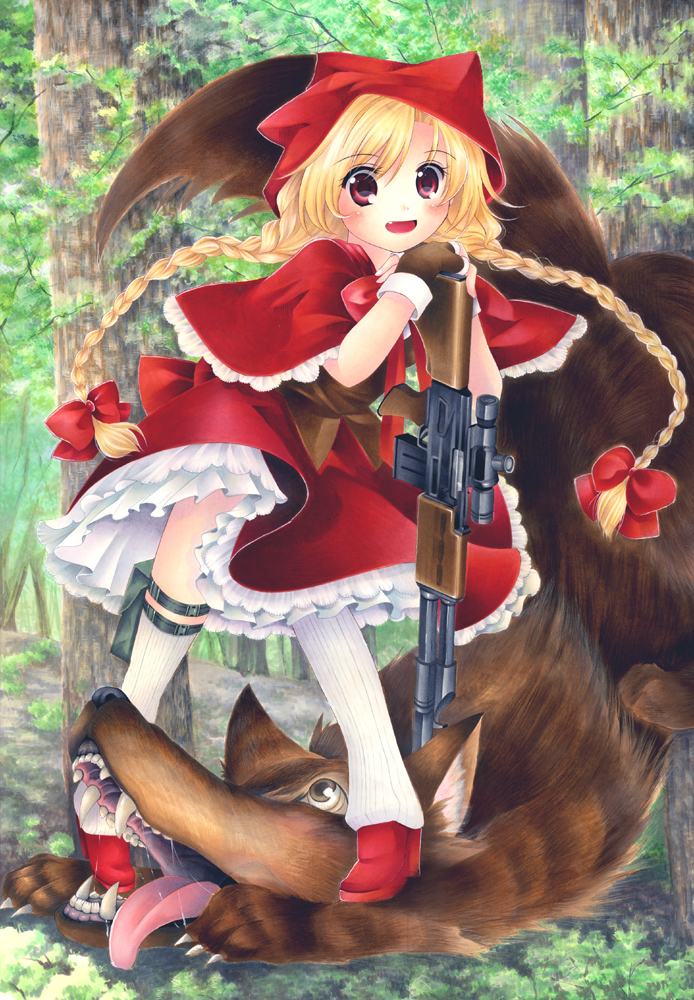 1girl 1other animal big_bad_wolf_(grimm) blonde_hair bow braid cape capelet cloak fang fangs fingerless_gloves forest frilled_skirt frills fur gloves gun hair_bow hood hood_up hooded_capelet hooded_cloak kneehighs little_red_riding_hood little_red_riding_hood_(grimm) long_hair looking_at_viewer marker_(medium) nature open_mouth original outdoors pose red_capelet red_cloak red_eyes red_hood red_skirt rifle saliva scope shinonome86 skirt solo tongue tongue_out traditional_media twin_braids weapon white_legwear wolf