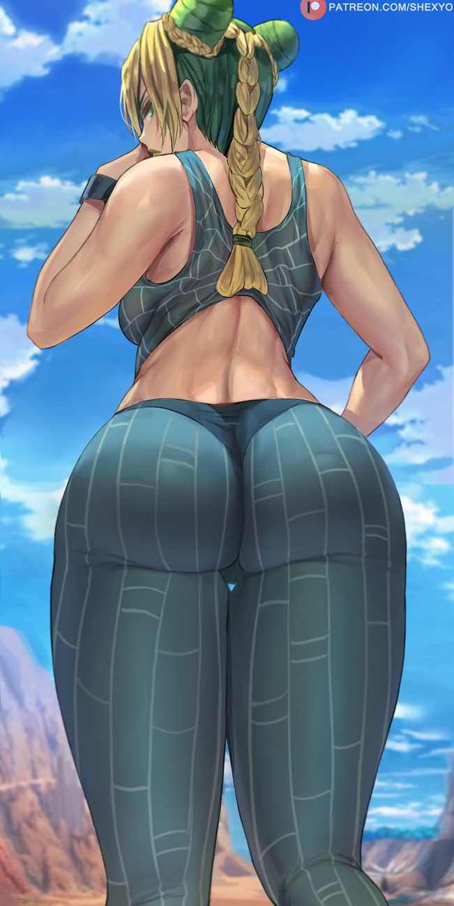 1girl ass bare_shoulders blonde_hair braid double_bun from_behind green_hair highres jojo_no_kimyou_na_bouken kujo_jolyne looking_at_viewer looking_back multicolored_hair parted_lips shexyo short_hair solo stone_ocean thick_thighs thighs