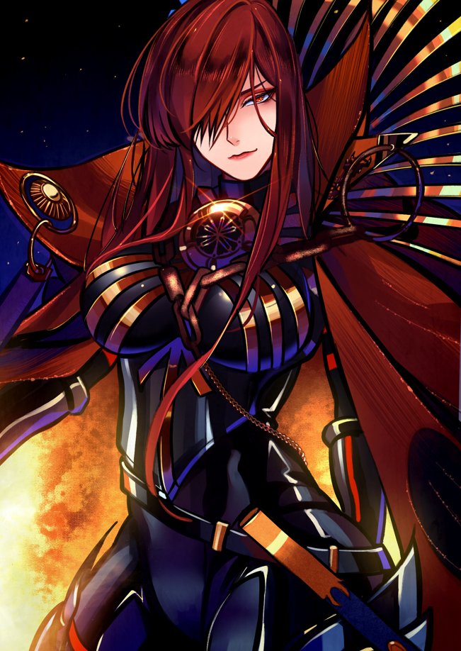 1girl armor belt brown_hair cape chain fate/grand_order fate_(series) fire hair_over_one_eye high_collar lips long_hair looking_at_viewer marchab_66 oda_nobunaga_(fate) oda_nobunaga_(maou_avenger)_(fate) shiny solo star starry_background