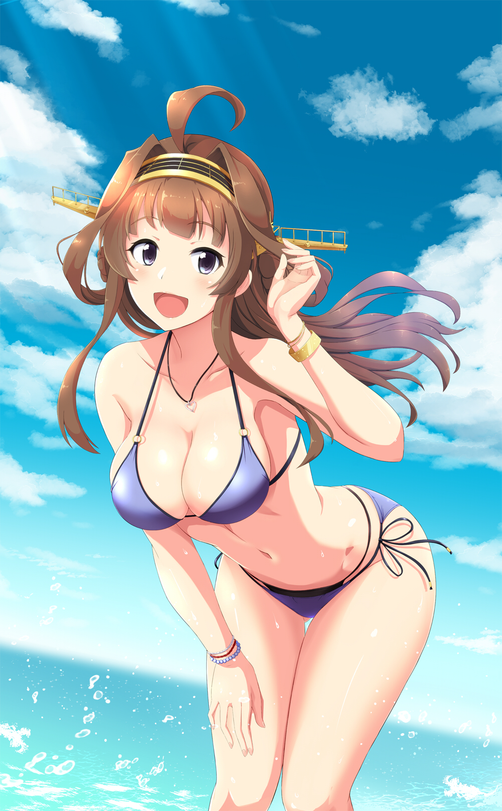 1girl ahoge alternate_costume bikini blue_bikini blue_sky bracelet breasts brown_hair clouds collarbone day double_bun hairband headgear highres jewelry kantai_collection kongou_(kantai_collection) leaning_forward long_hair medium_breasts navel remodel_(kantai_collection) shigure_ryuunosuke side-tie_bikini sky solo swimsuit violet_eyes