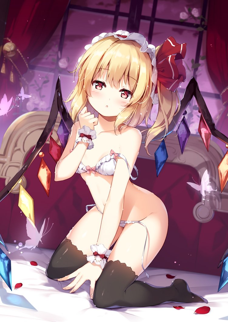 1girl alternate_costume apron bangs bare_arms bare_shoulders bat_wings bed black_legwear blonde_hair blush bra breasts bug butterfly commentary_request crystal curtains eyebrows_visible_through_hair flandre_scarlet groin hair_between_eyes hair_ribbon hand_up indoors insect kneeling looking_at_viewer miyase_mahiro navel no_shoes on_bed one_side_up panties parted_lips petals puffy_sleeves red_eyes red_ribbon ribbon rose_petals short_hair side-tie_panties sidelocks small_breasts solo stomach thigh-highs thighs touhou underwear underwear_only white_bra white_panties window wings wrist_cuffs