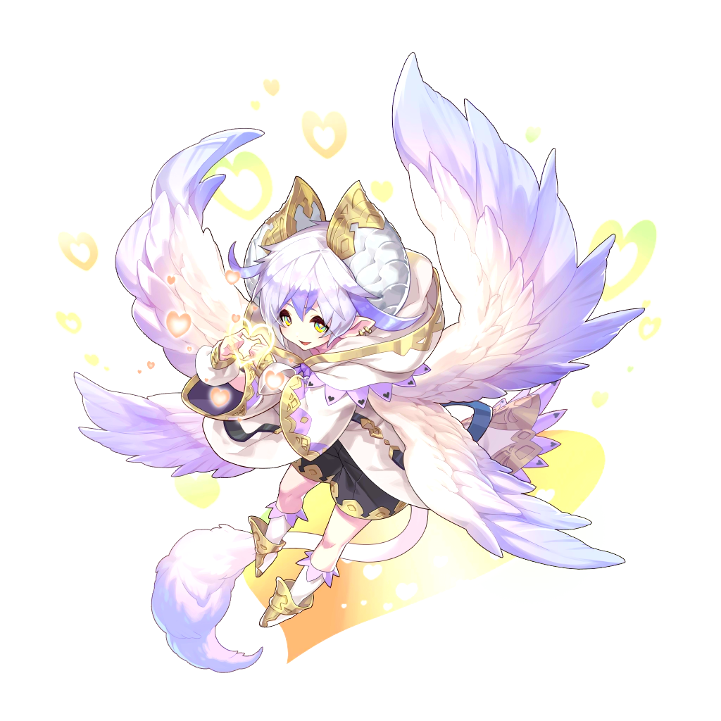 1boy cupid_(dragalia_lost) dragalia_lost dragon_boy full_body green_eyes heart heart_hands horns looking_at_viewer official_art pointy_ears silver_hair solo tail transparent_background wings