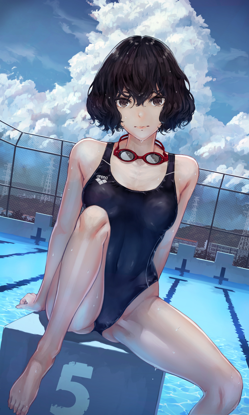 1girl ass_visible_through_thighs bare_shoulders black_eyes black_hair blue_swimsuit breasts chain-link_fence competition_swimsuit covered_navel day dutch_angle fence highleg highleg_swimsuit highres looking_at_viewer medium_breasts one-piece_swimsuit original outdoors pool poolside shiny shiny_skin short_hair sitting solo spread_legs starting_block swimsuit water wet yasukura_(shibu11)