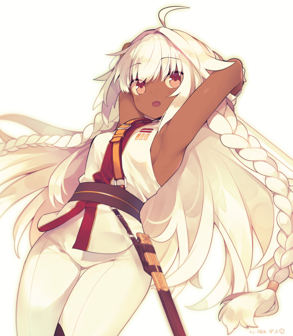 1girl :d ahoge armpits arms_behind_head arms_up bangs bare_shoulders braid breasts brown_eyes commentary_request dark_skin eyebrows_visible_through_hair fate/grand_order fate_(series) hair_intakes lakshmibai_(fate/grand_order) long_hair looking_at_viewer open_mouth pants sheath shirt signature simple_background sleeveless sleeveless_shirt small_breasts smile solo twin_braids very_long_hair white_background white_hair white_pants white_shirt yuzuki_gao