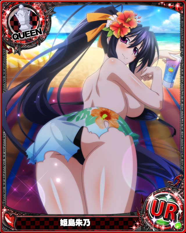 1girl ass back bare_shoulders beach beach_towel bikini black_bikini black_hair blush bottle breasts card_(medium) character_name chess_piece closed_mouth day flower hair_flower hair_ornament hair_ribbon high_school_dxd himejima_akeno large_breasts long_hair long_ponytail looking_at_viewer lotion lotion_bottle lying ocean official_art on_stomach ponytail queen_(chess) ribbon smile solo sunscreen swimsuit thighs torn_bikini torn_clothes towel trading_card untied untied_bikini very_long_hair violet_eyes water
